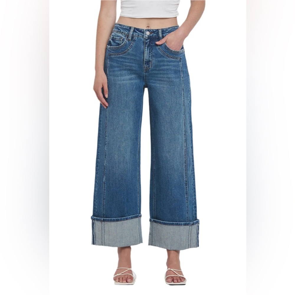 Flying Monkey Super High Rise Cuffed Baggy Wide Leg Denim Jeans - Picture 5 of 8